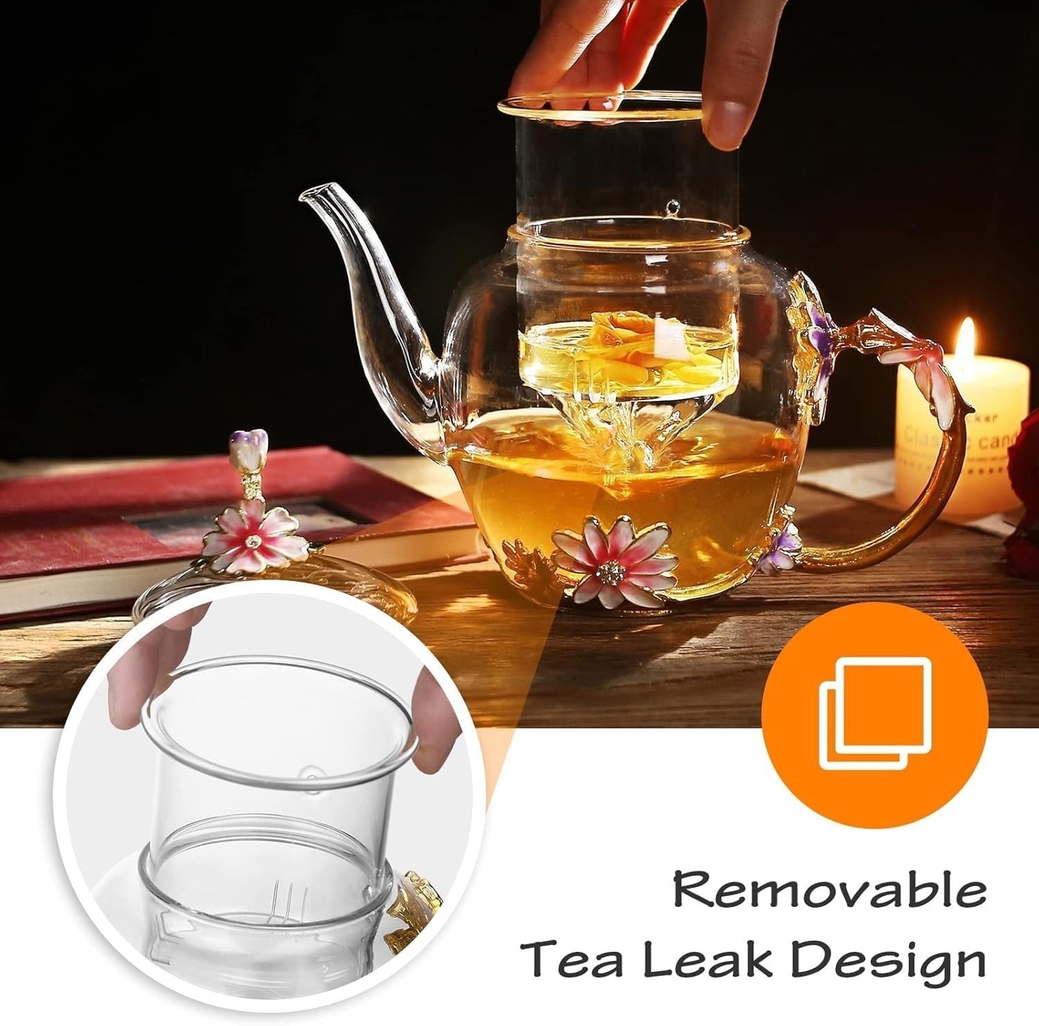 Glass Flower Teapot 35oz Tea Maker with Infuser Floral Gift for Women