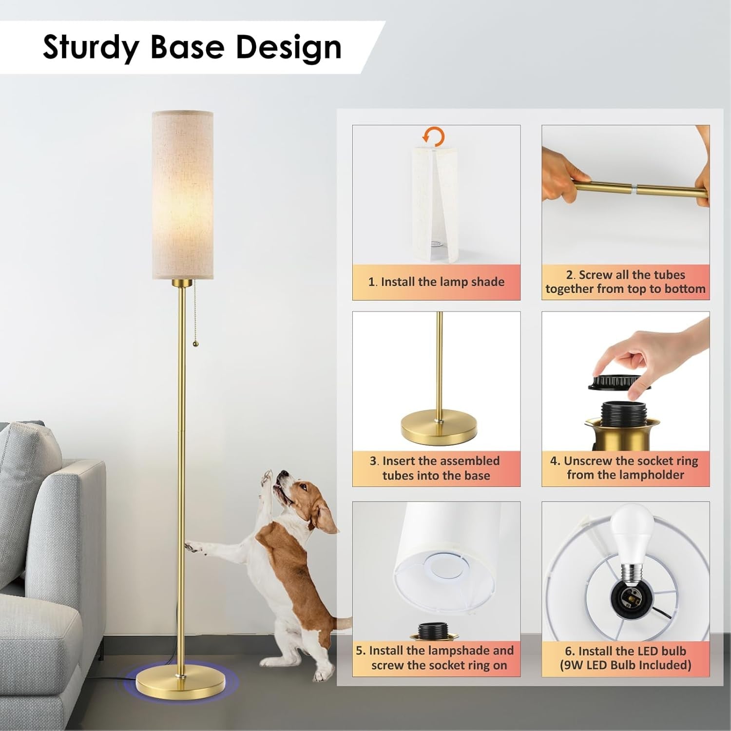Gold Linen Floor Lamp Standing Light 3 Colour Temperatures LED Pull Chain