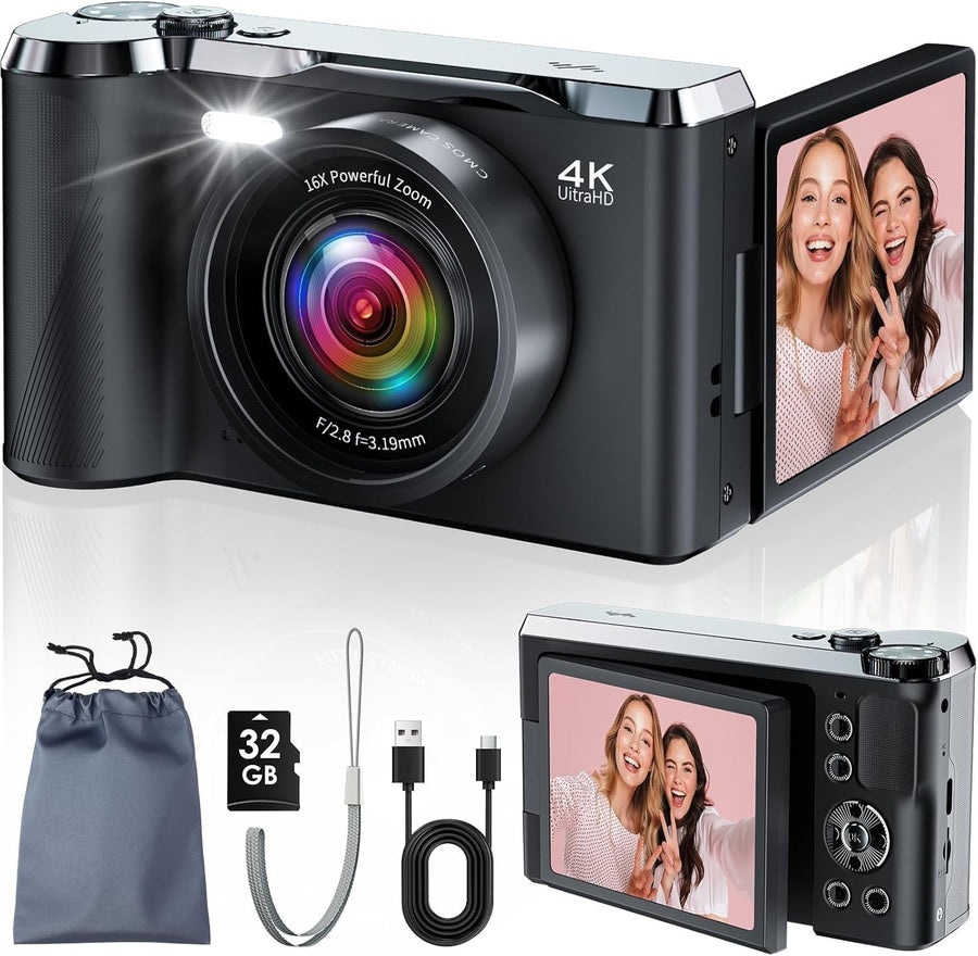 4K 56MP Digital Vlogging Camera Flip Screen Zoom SD Card Bundle