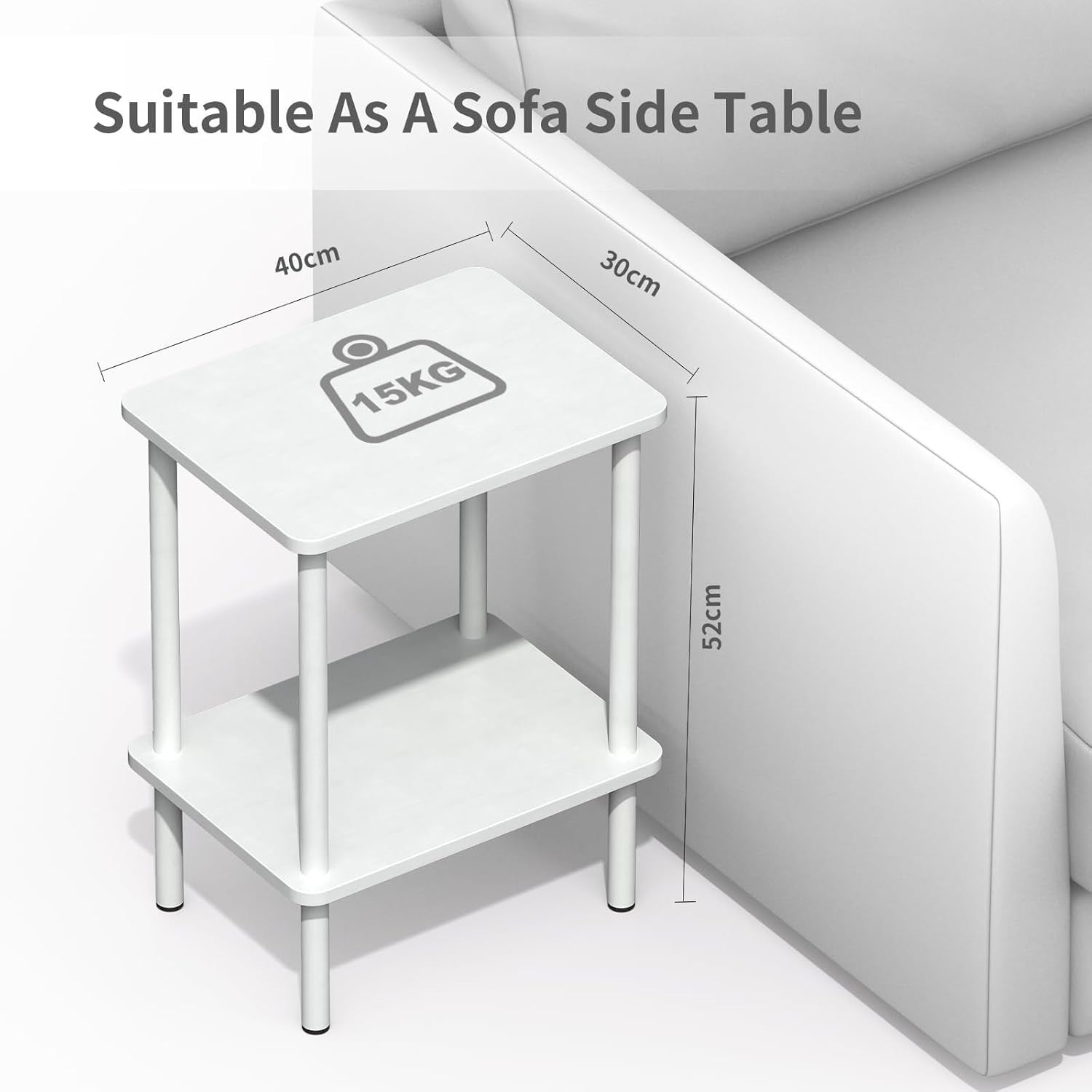 Set of 2 Narrow 2-Tier White Side Tables – Small Space Bedside Storage