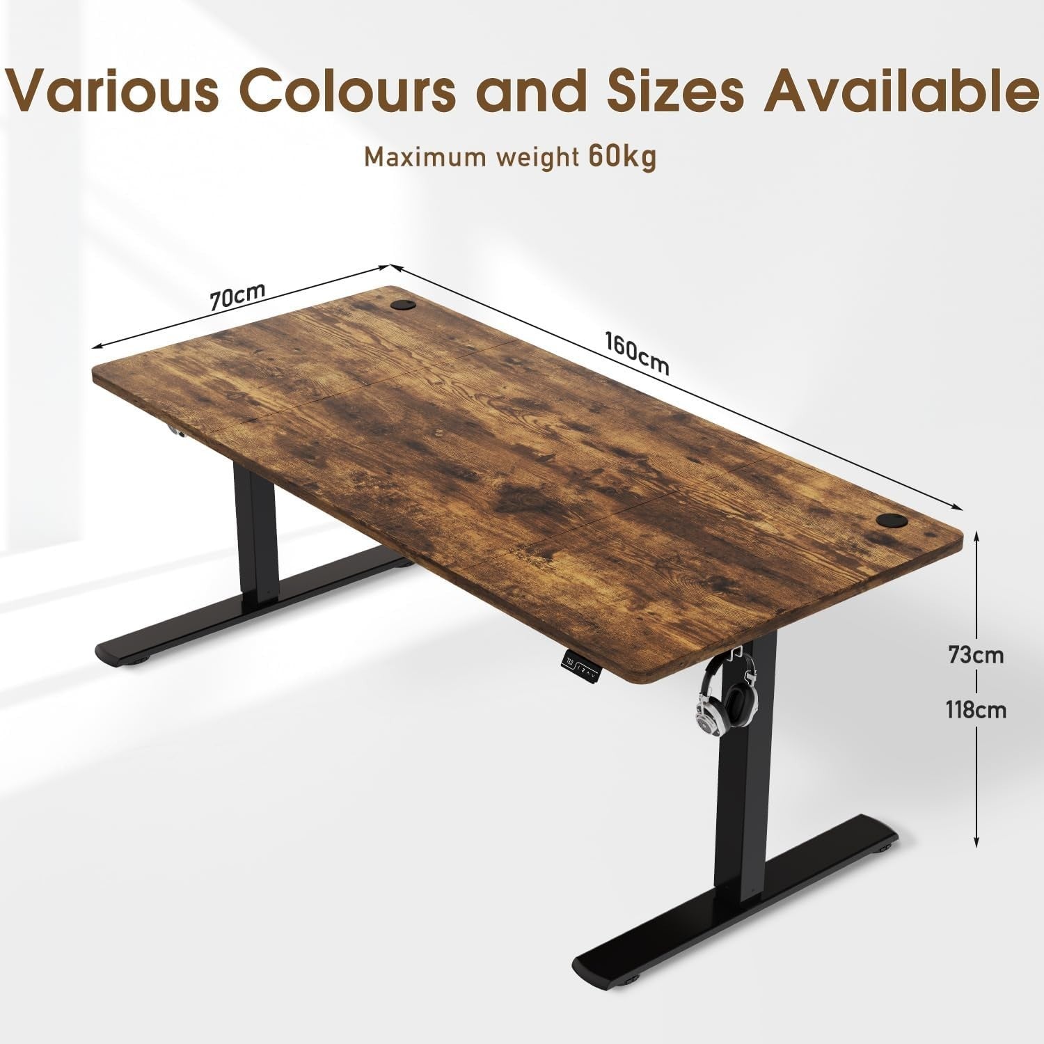 Rustic Brown Electric Standing Desk 160x70cm Adjustable Office Table