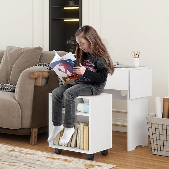 Smart LED Bedside Table with Charging Ports, Drawer & Rolling Storage Seat