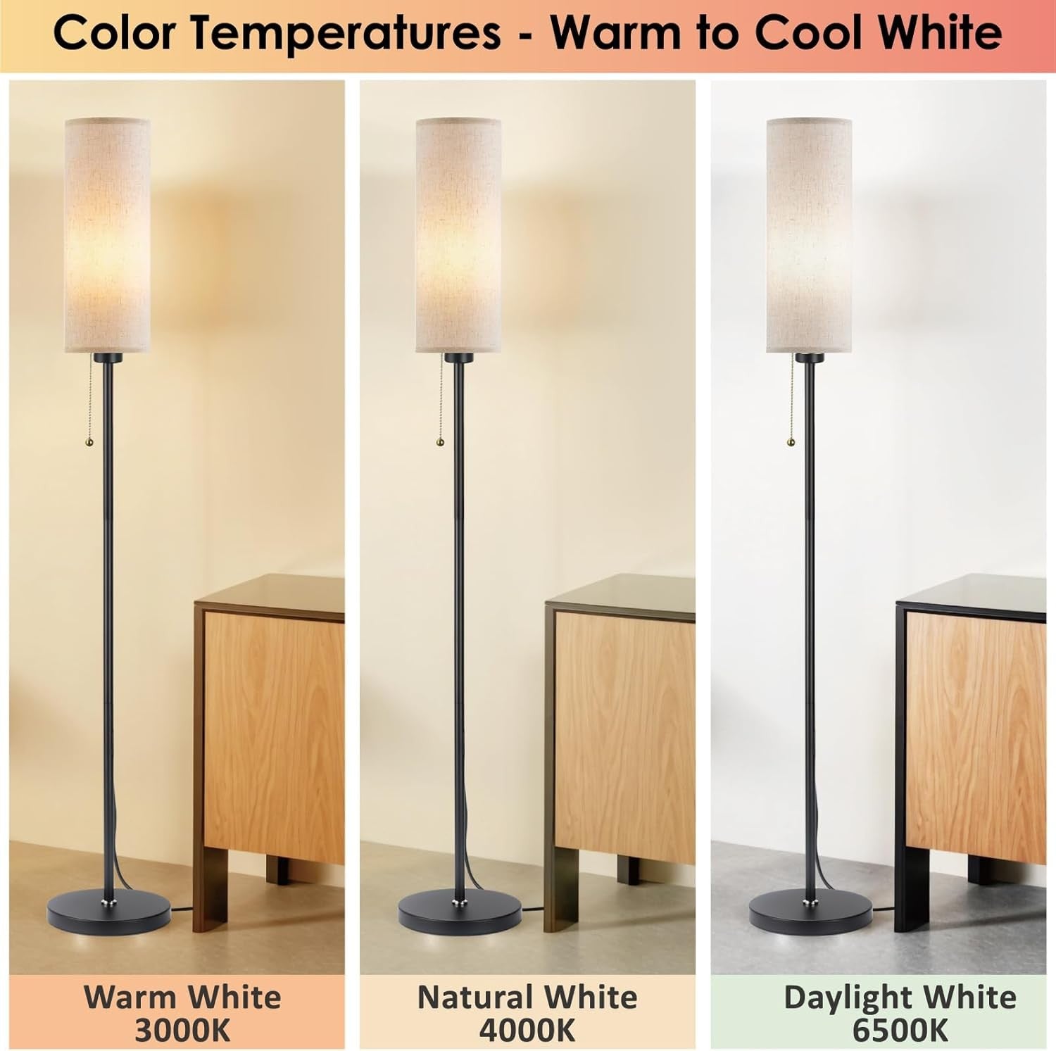 Black Linen Floor Lamp Standing Light 3 Colour LED Pull Chain Modern Corner