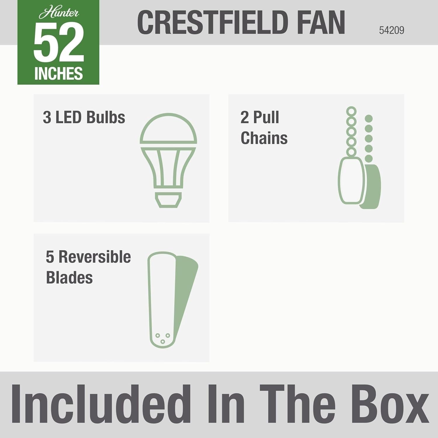 Hunter Crestfield 52" Ceiling Fan, LED Light Kit, 5 Blades, Nickel