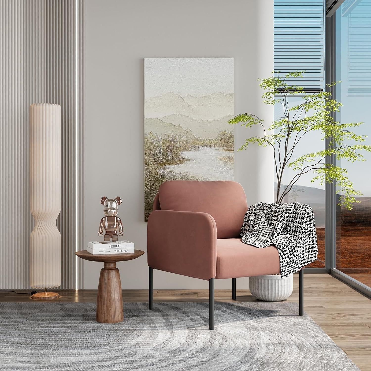 Pink Velvet Accent Armchair Modern Lounge Bedroom Reading Chair