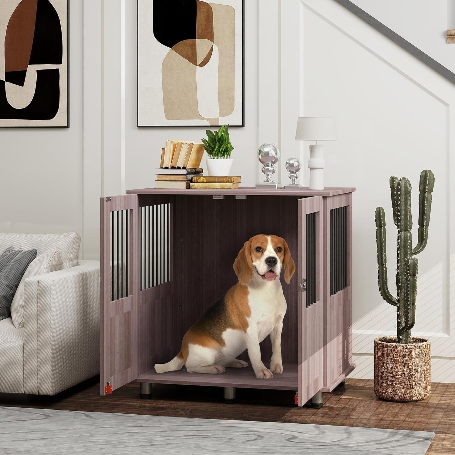 Purple Dog Crate Furniture 85x55x75cm – Indoor Kennel with Tabletop & Locking Do