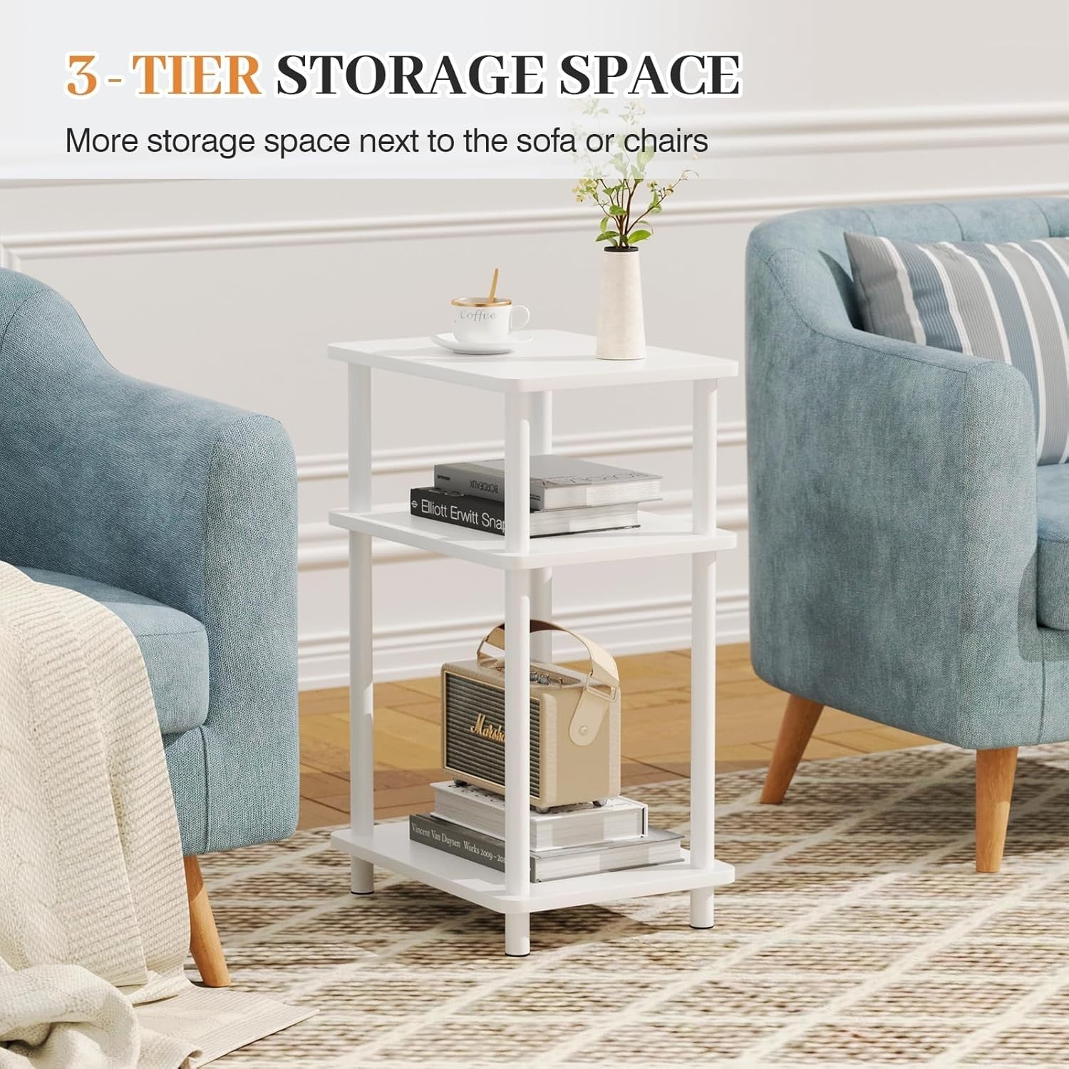 White 3-Tier Slim Side Table with Storage Shelf – Bedside End Table