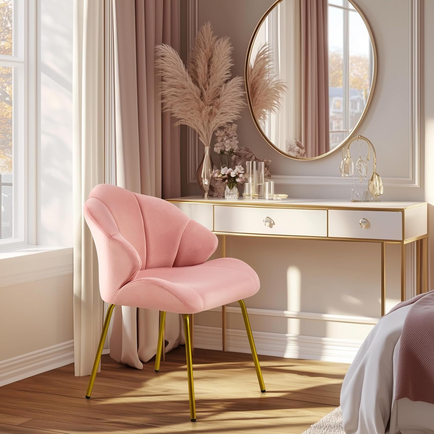 Velvet Accent Chair Shell Back Vanity Tub Seat Gold Legs Pink Office