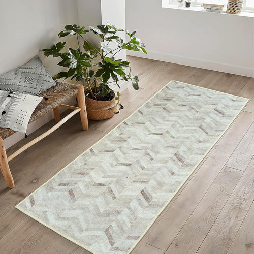 Washable Runner Rug 60x240cm Non-Slip Short Pile Cream Chevron Hallway Mat
