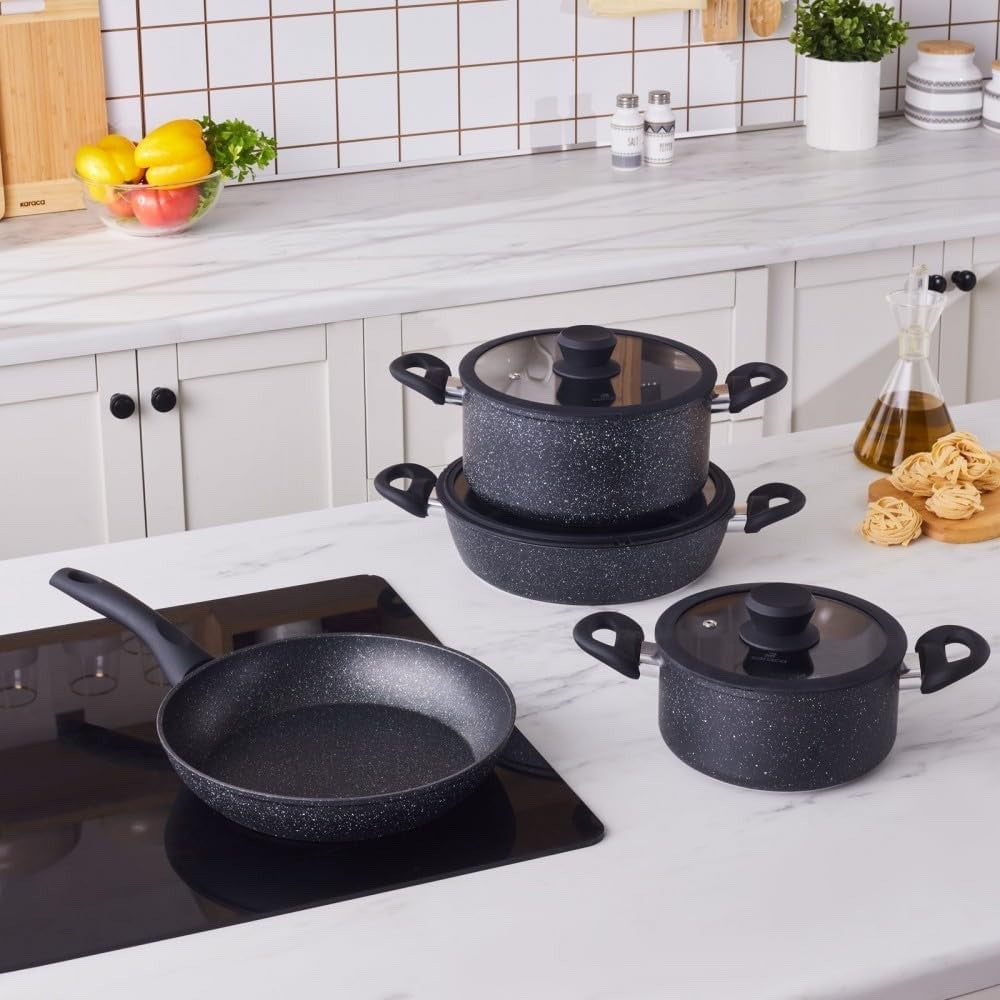 7pcs Black Nebula Granite Non-Stick Induction Cookware Set with Lid PFOA Free