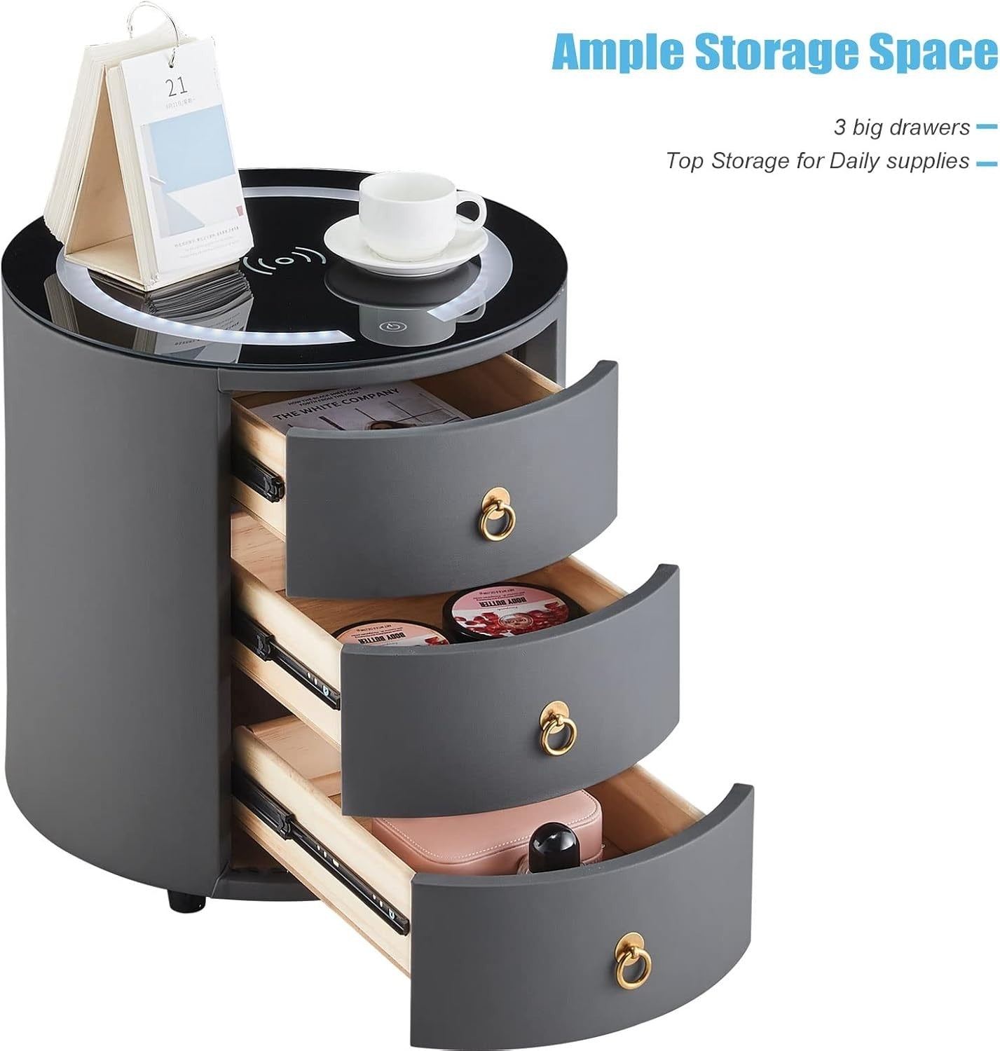 Luxury Round Bedside Table with Wireless Charging, LED Light & 3 Drawers
