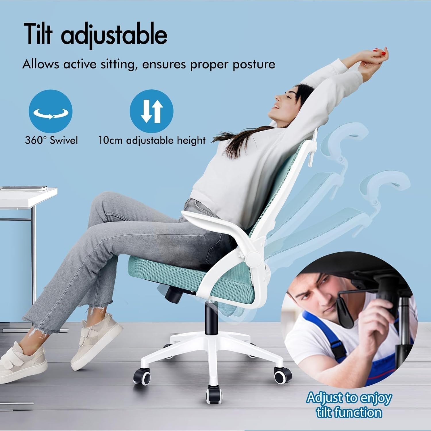 Ergonomic Office Chair Mesh Back Flip-up Arms High Back Lumbar Support Cyan