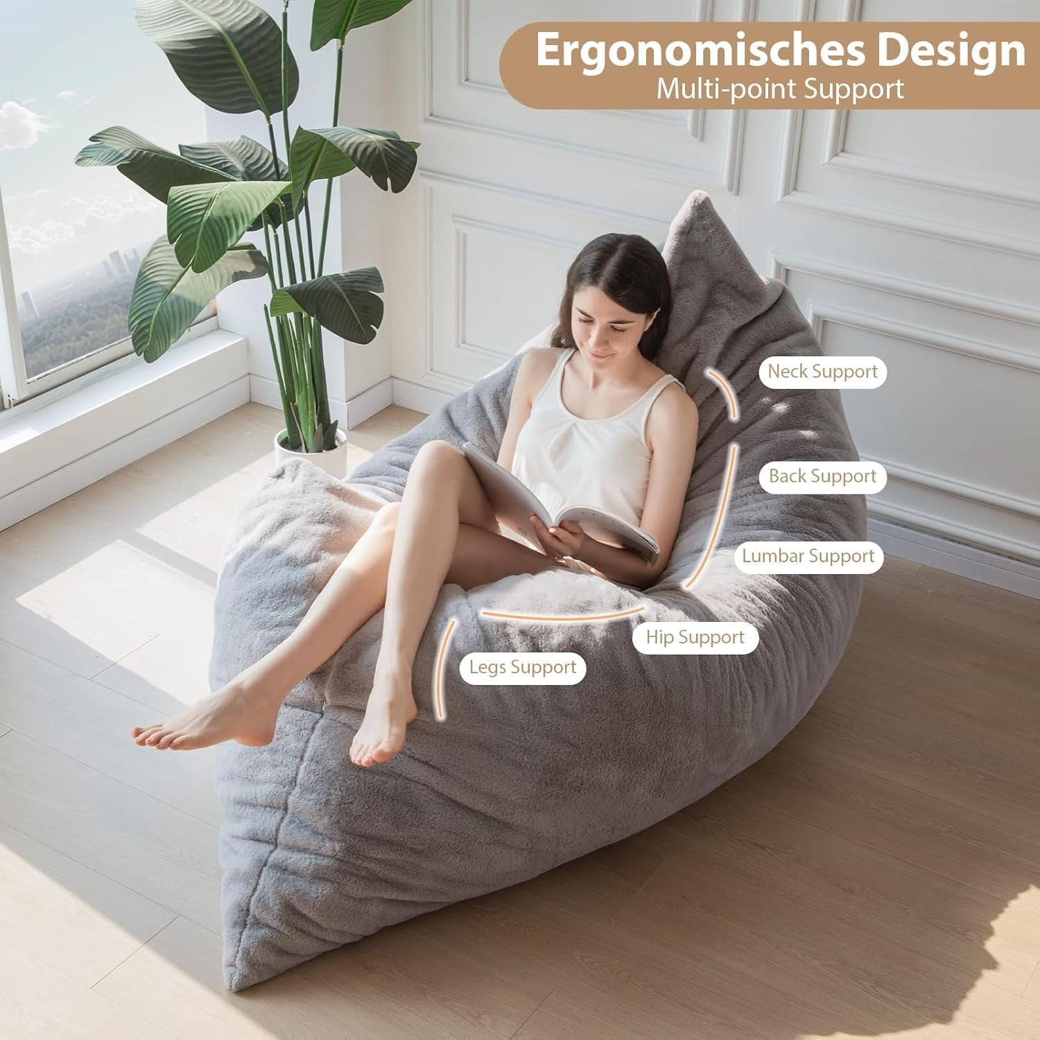 150x200cm Grey Bean Bag Bed Chair | Plush Foldable Floor Sofa Guest Use