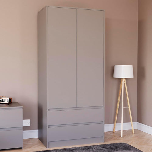 Modern 2 Door Grey Wardrobe with 2 Drawers & Versatile Hanging Rail Storage