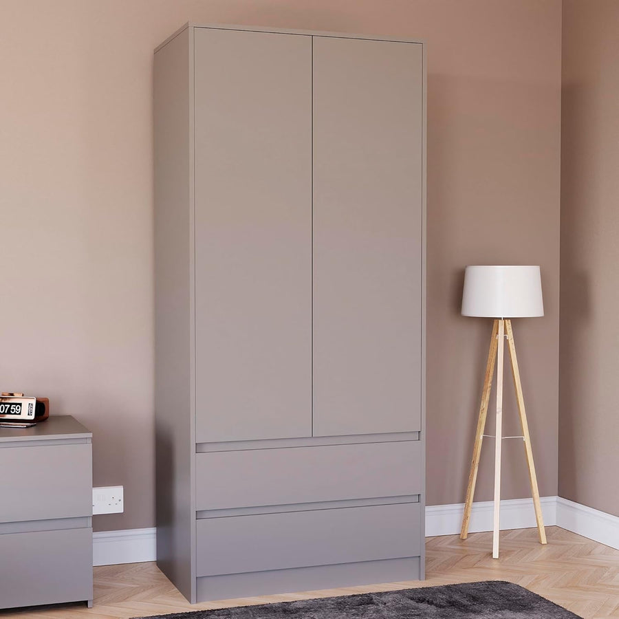 Modern 2 Door Grey Wardrobe with 2 Drawers & Versatile Hanging Rail Storage