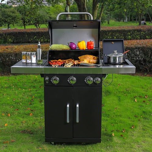 4 Burner Gas BBQ Grill with Side Burner, Storage Cabinet & Thermometer Outdoor