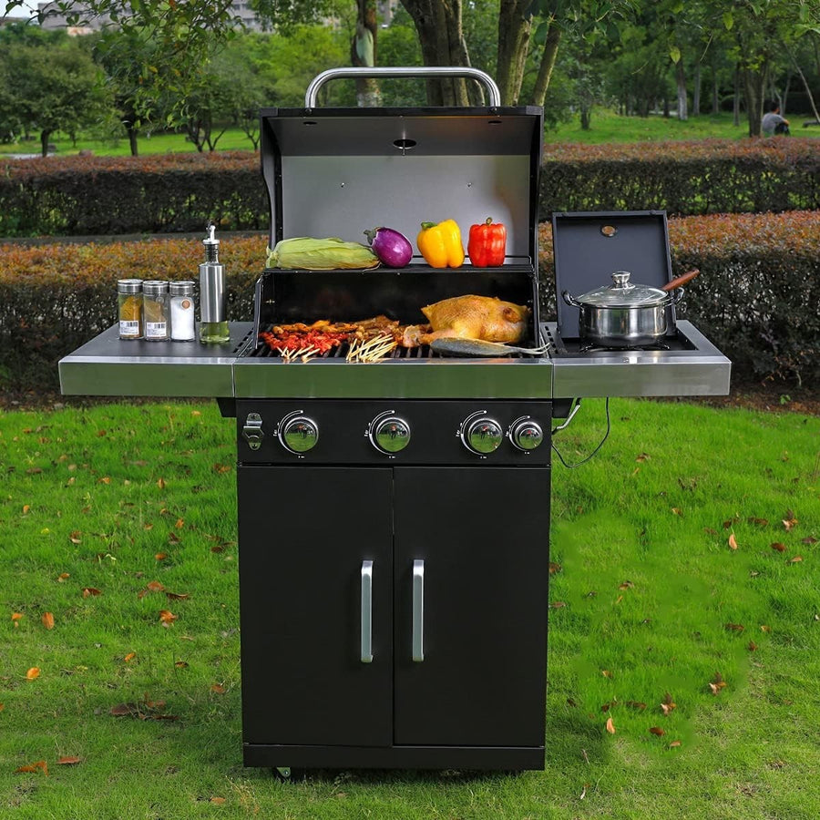 4 Burner Gas BBQ Grill with Side Burner, Storage Cabinet & Thermometer Outdoor
