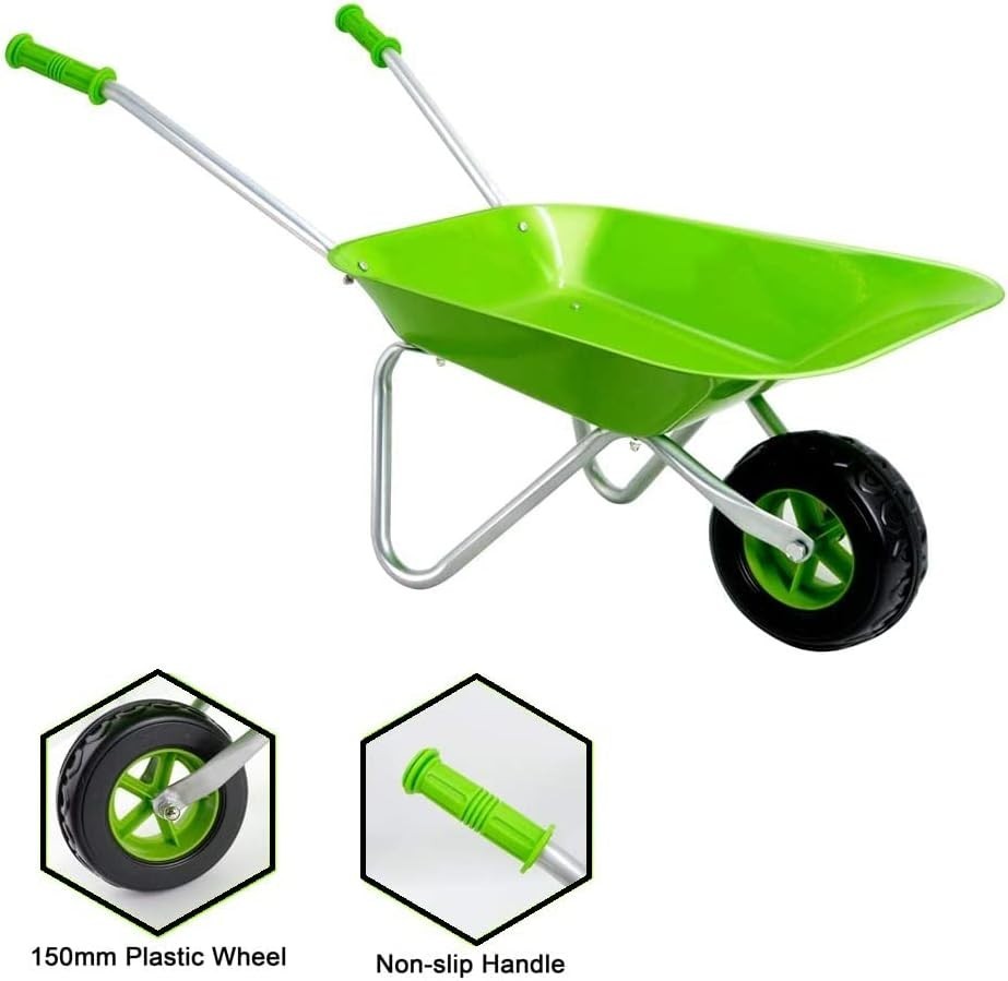 Kids Green Metal Wheelbarrow –Easy Assemble Durable Toy Garden Tool for Children