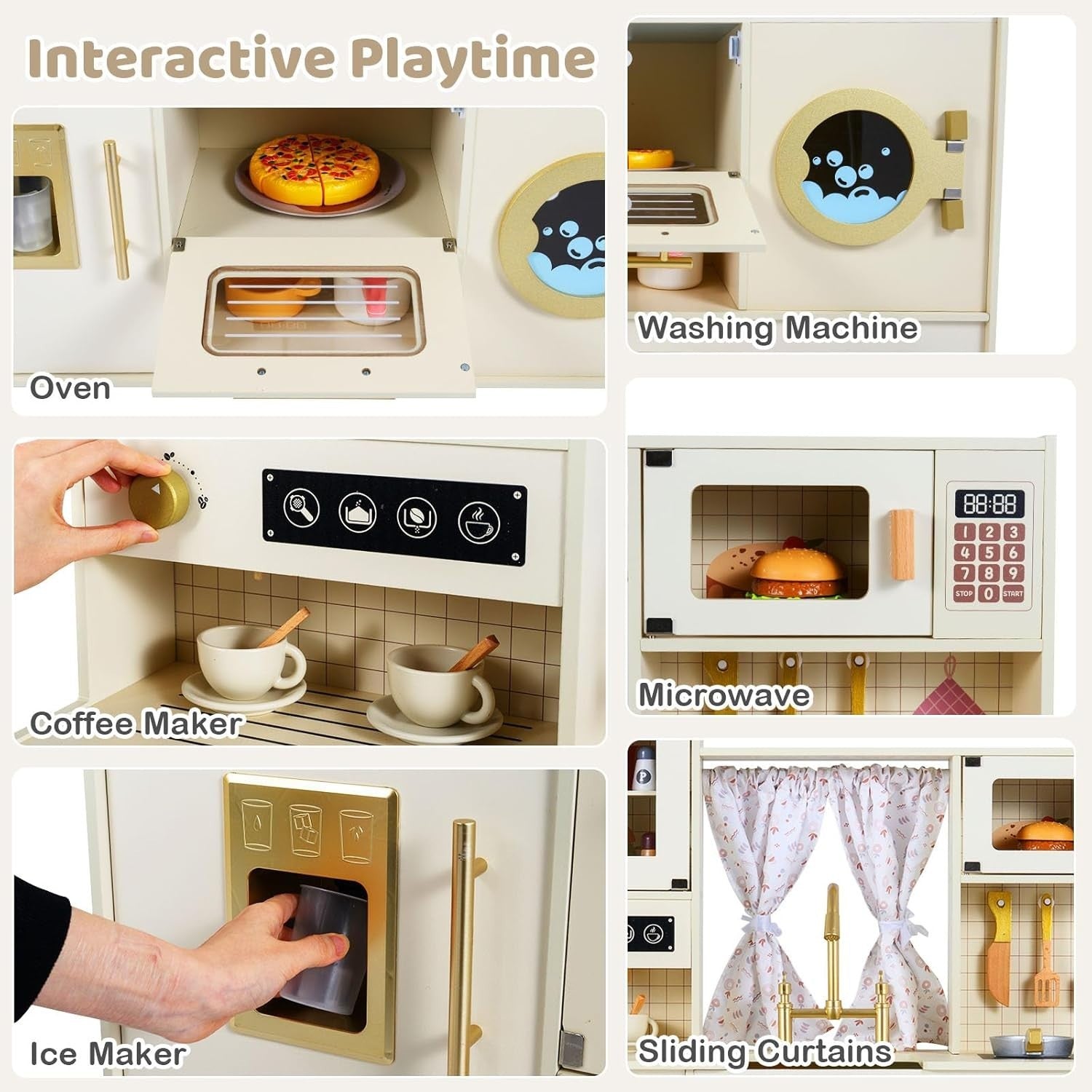 Wooden Kids Play Kitchen Coffee Maker Ice Dispenser Beige Toy