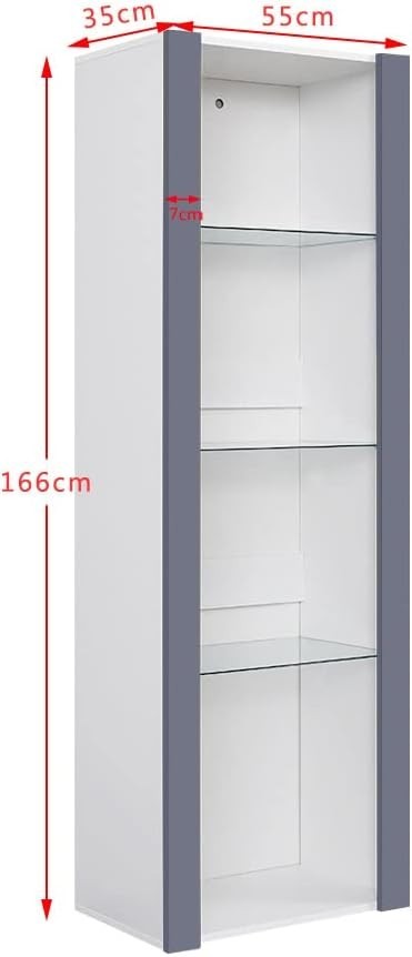 Tall LED Display Cabinet White Grey Gloss Glass Shelf Storage Unit 165cm