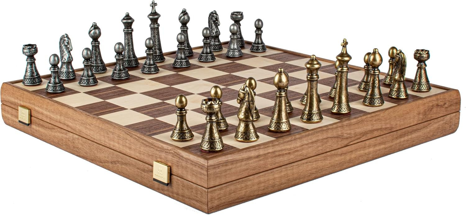 Luxury Brass & Pewter Chess Set 46cm Board | Walnut Wood Storage Box