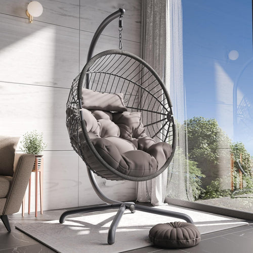 Foldable Rattan Egg Chair with Stand & Cushion for Indoor Outdoor Use