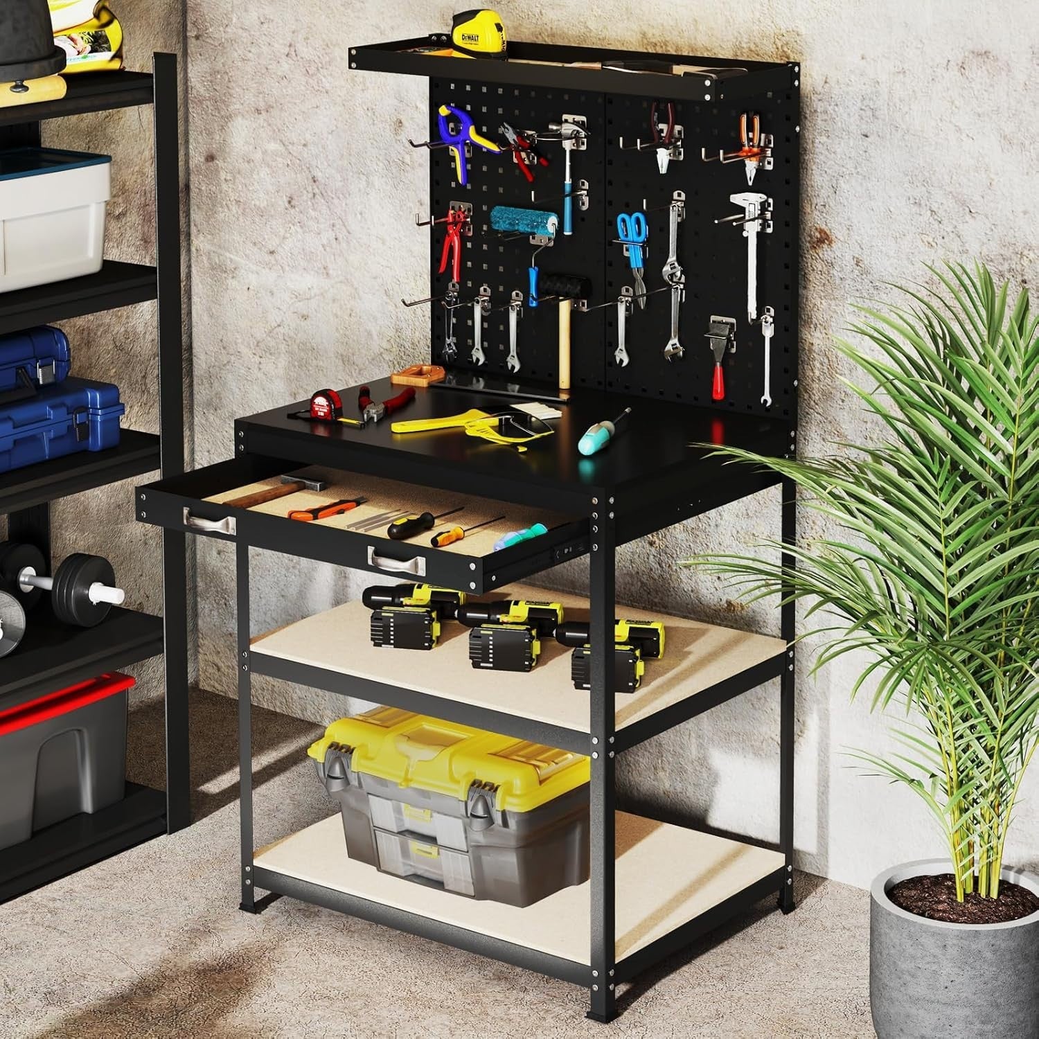 Heavy Duty Workbench 81x41x156cm with Pegboard Shelves Drawer 290kg Capacity