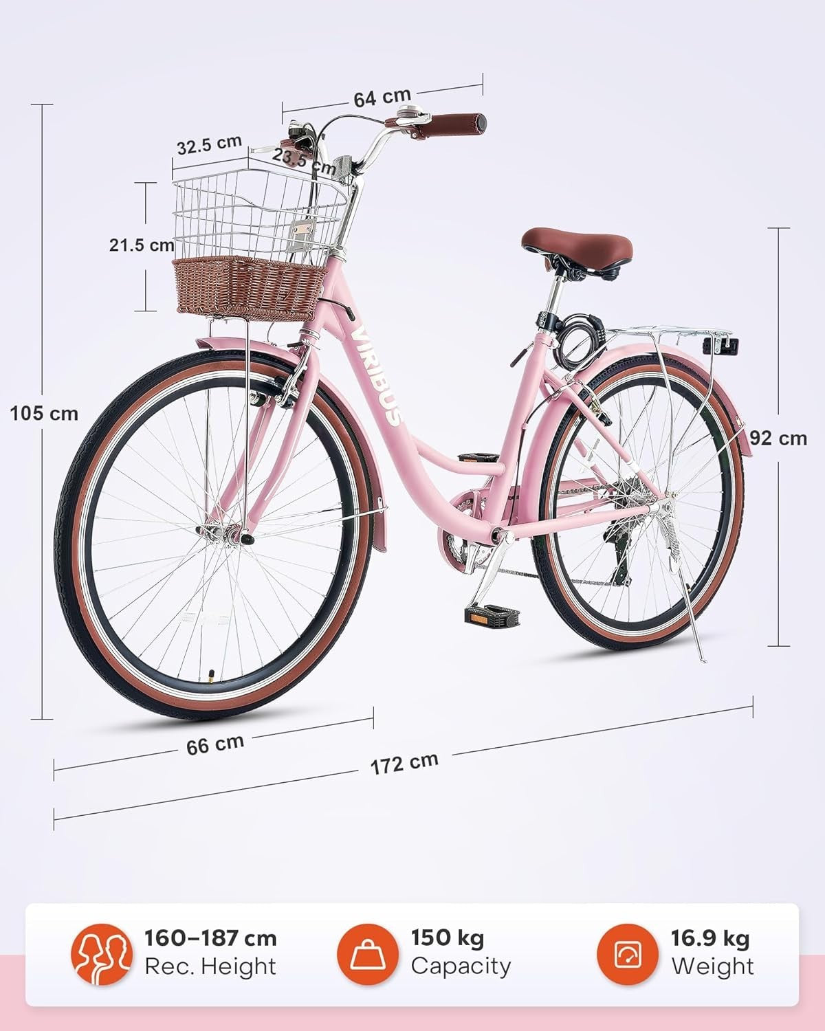66cm Women’s Comfort City Bike with 7-Speed, Basket & Rear Rack, Pink
