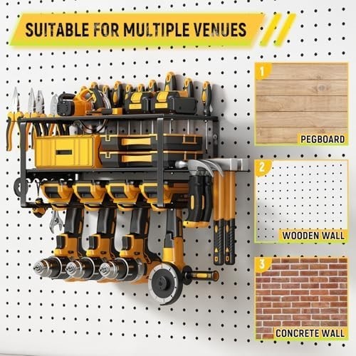 3-Tier Wall Mounted Power Tool Organizer 4 Slots Alloy Steel