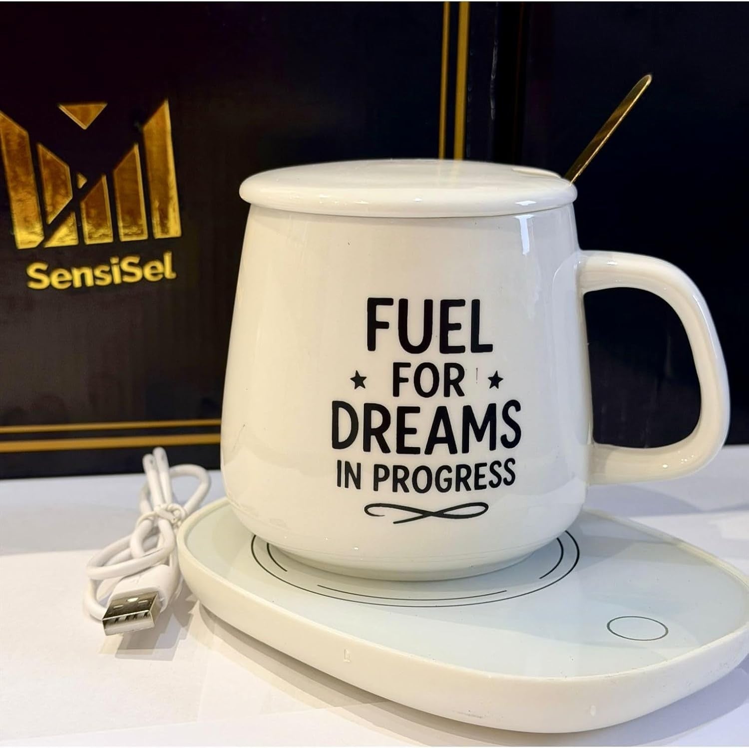 Ceramic Coffee Mug Set with USB Warmer Plate Spoon