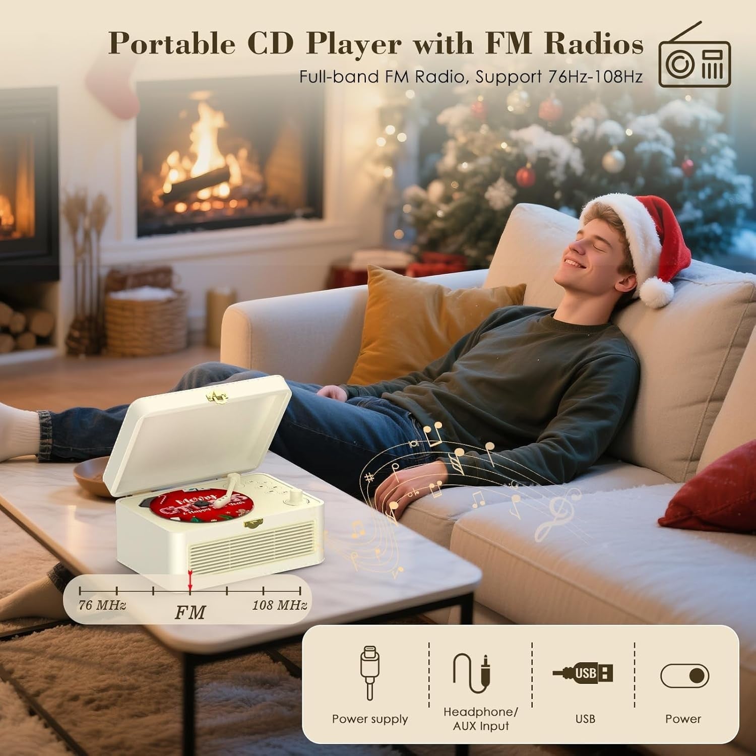 Retro Bluetooth CD Player FM Radio USB AUX HiFi Speakers White PU