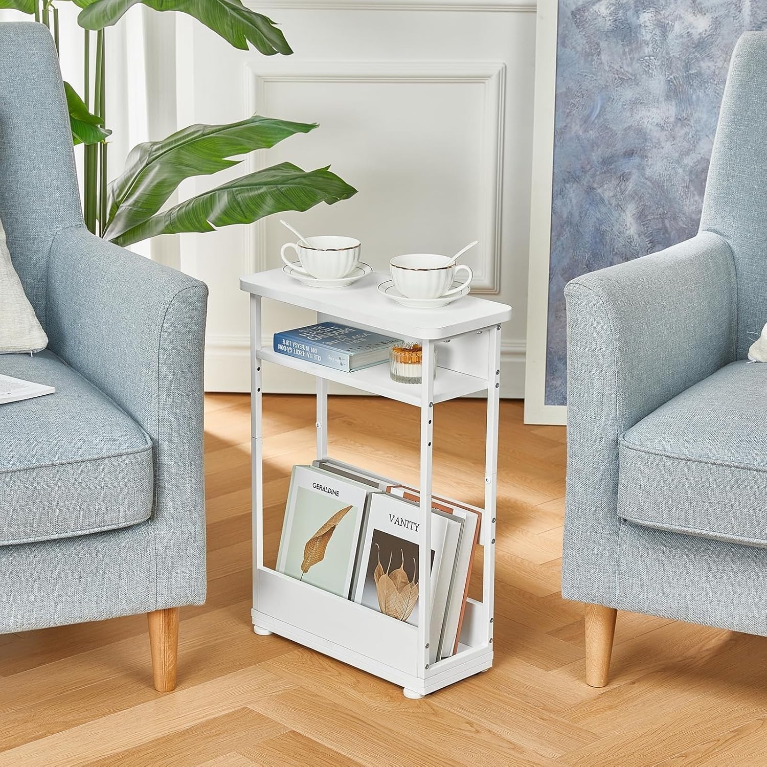 White Narrow Side Table for Small Spaces – Slim Bedside Unit with Shelf