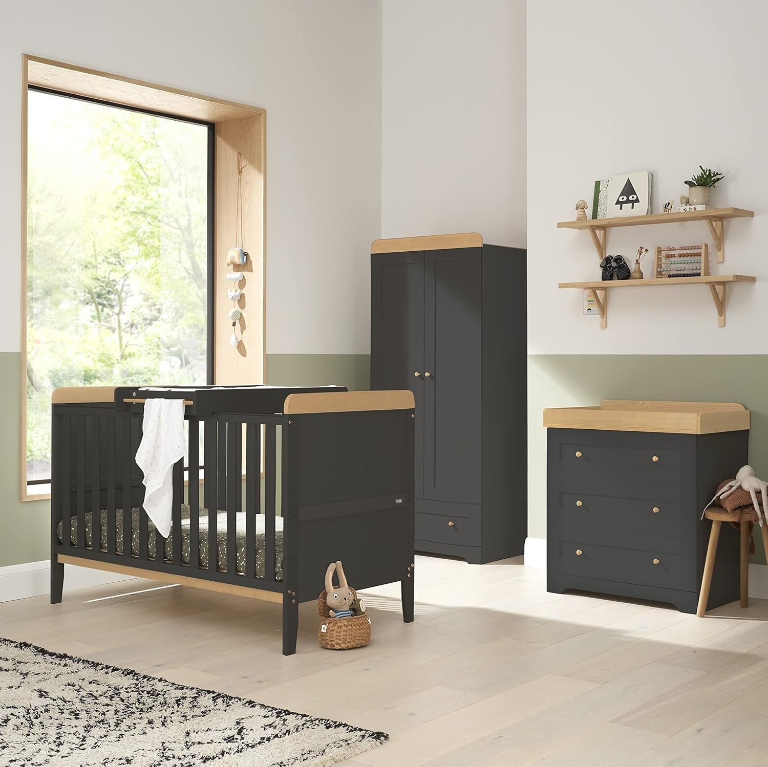 3pcs Nursery Furniture Set Cot Bed Wardrobe Chest Drawers Solid Wood Slate Grey