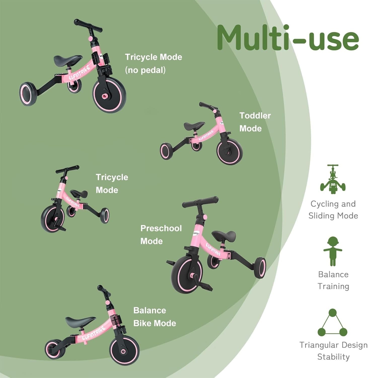 5 In 1 Toddler Tricycle Balance Bike Kids Ride On Removable Pedals Pink