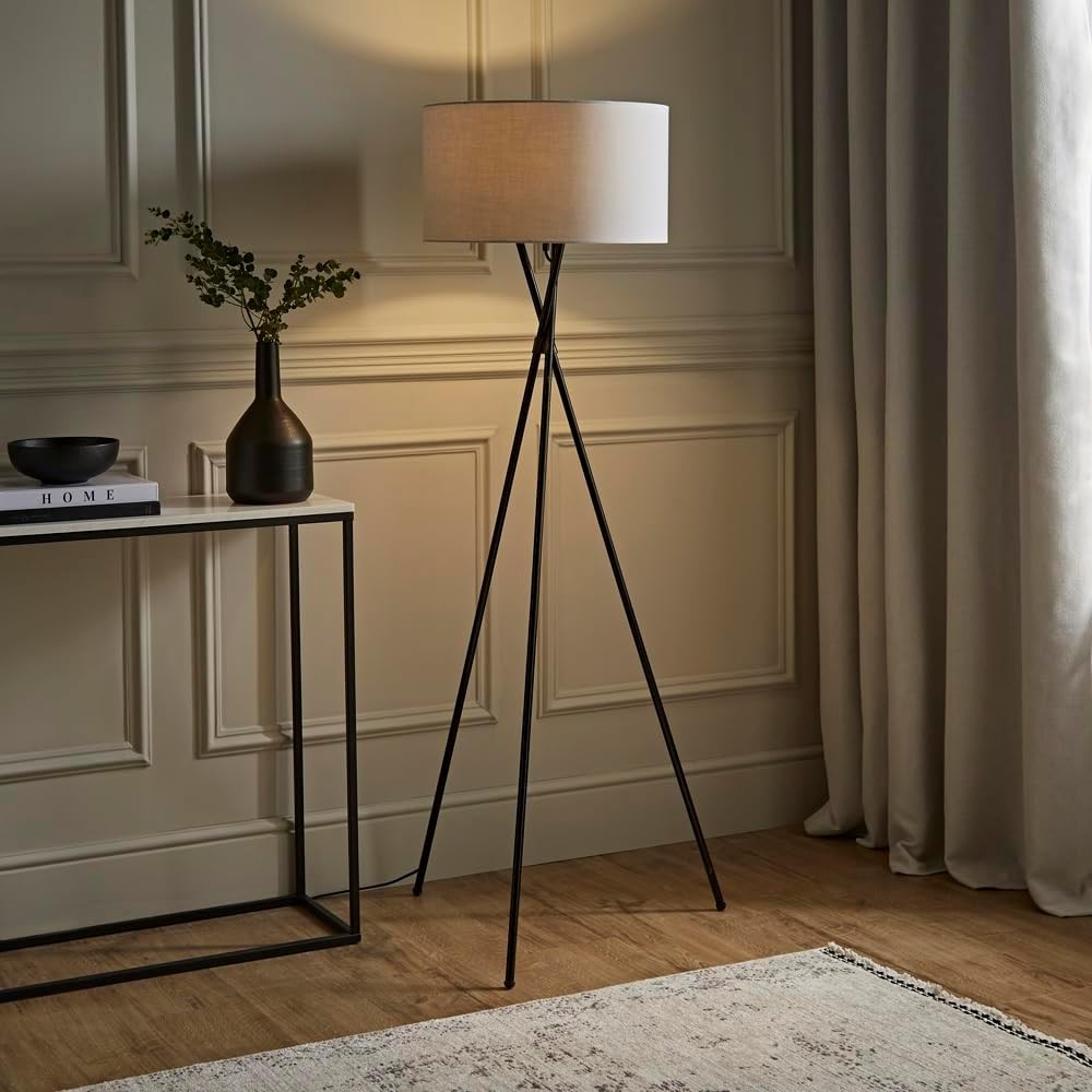 Pale Grey Tripod Floor Lamp Black Metal Stand Modern Tall Living Room Light