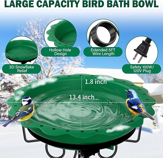 Heated Bird Bath with Metal Stand – 100W Thermostat Outdoor Water Feeder