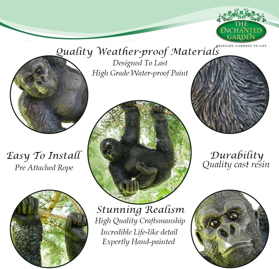 Hanging Gorilla Garden Ornament | Large Resin Outdoor Statue Tree Swing Decor