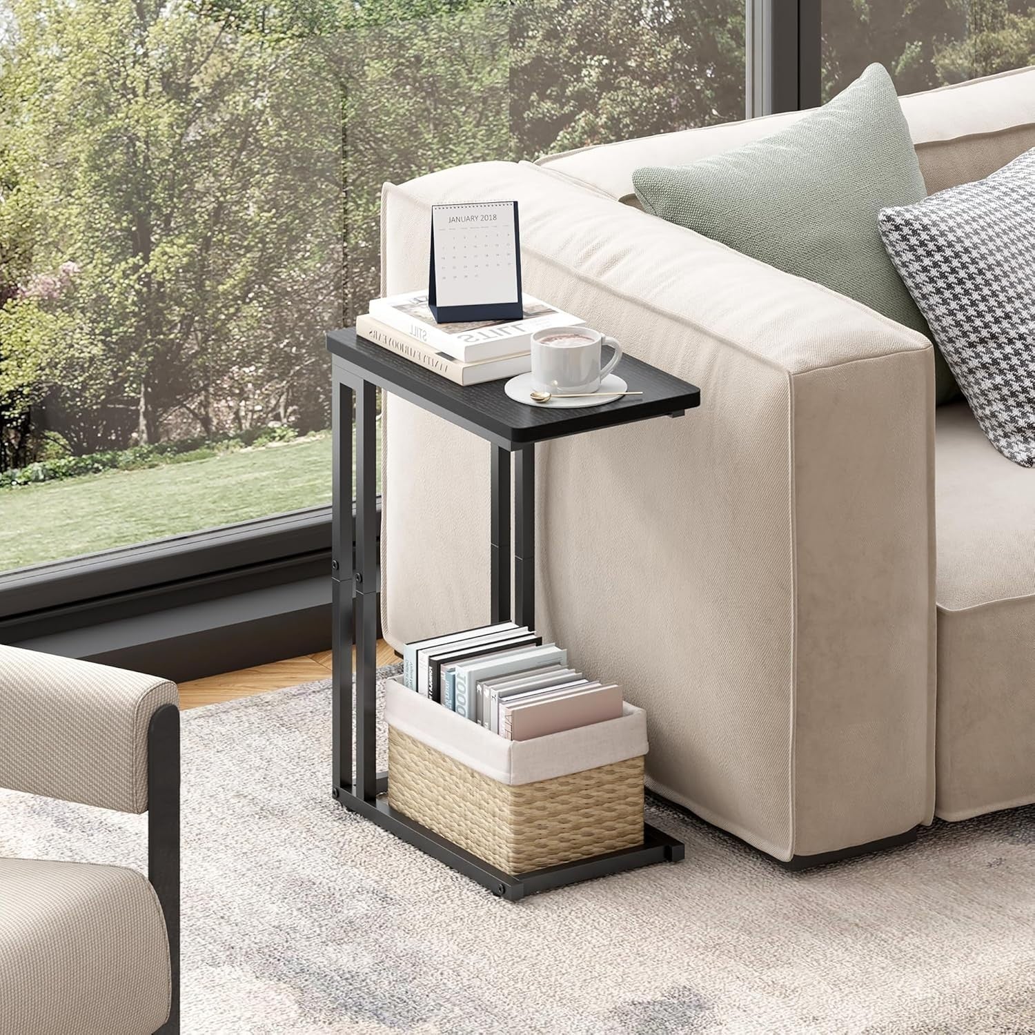 C-Shaped Narrow Side Table with Storage, Slide-Under Sofa, Compact Desk