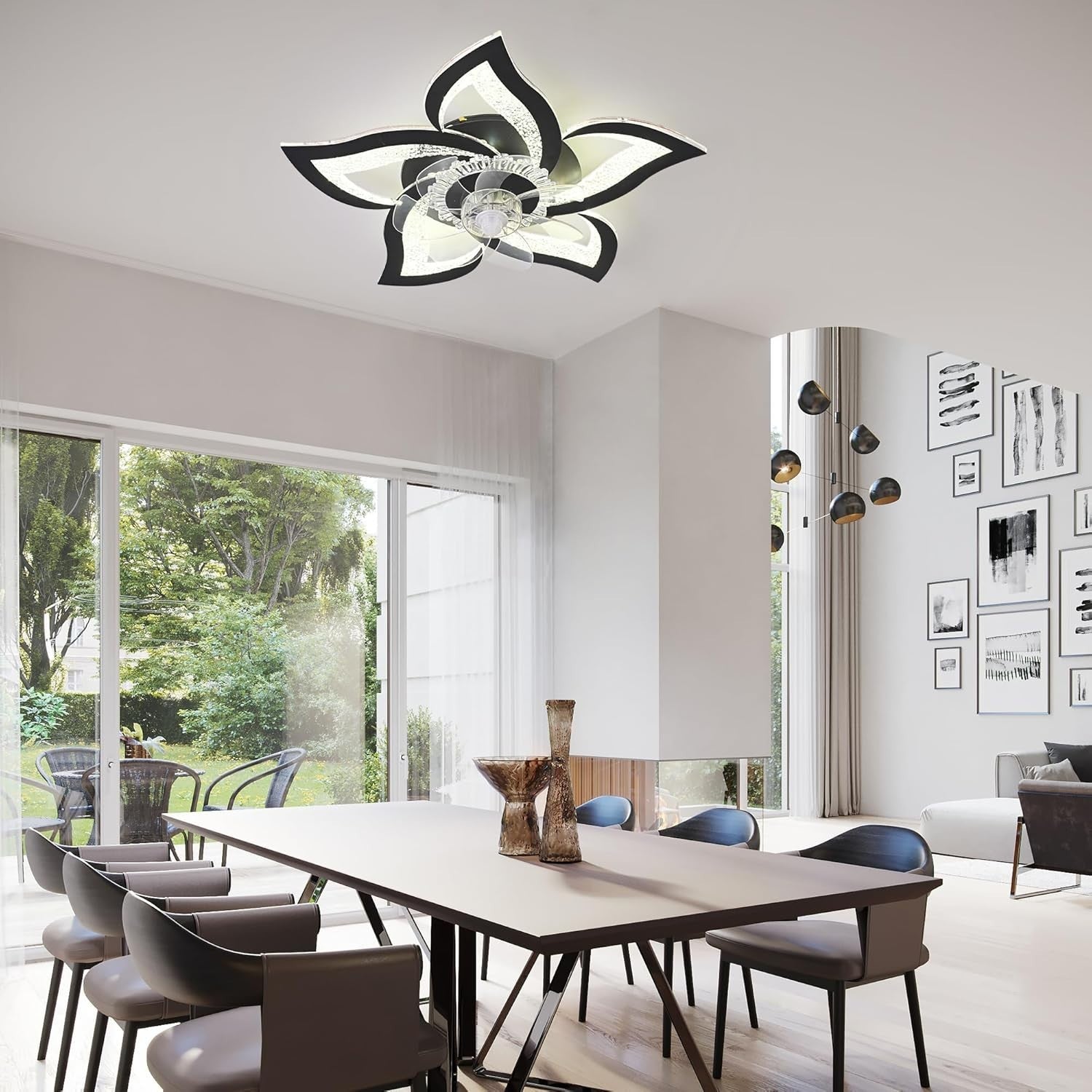 62.5CM Ceiling Fan Light, 6 Speeds, Dimmable LED, Remote, Memory, Black Flower