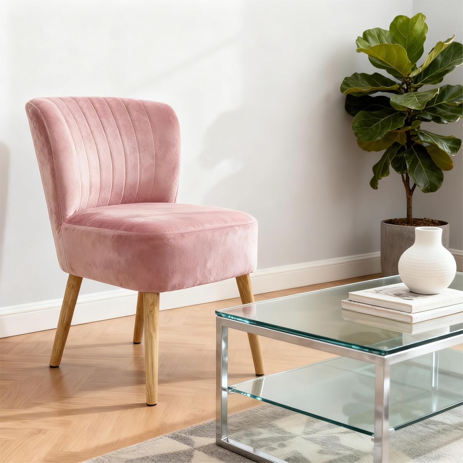 Pink Velvet Accent Chair Ergonomic Curved Back Lounge Seat