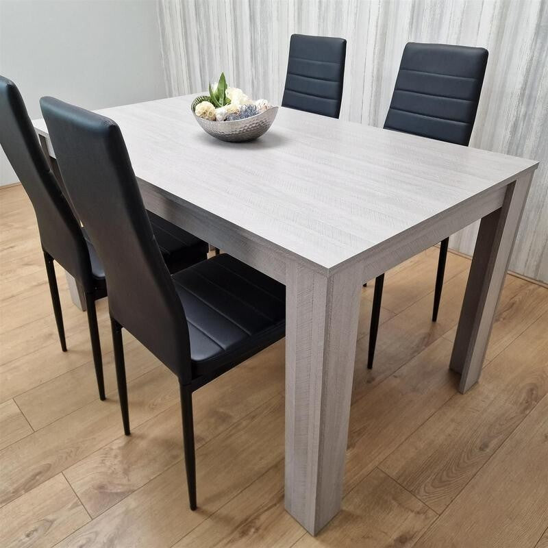 4 Seater Grey Dining Table Set with Black Leather Chairs for Kitchen