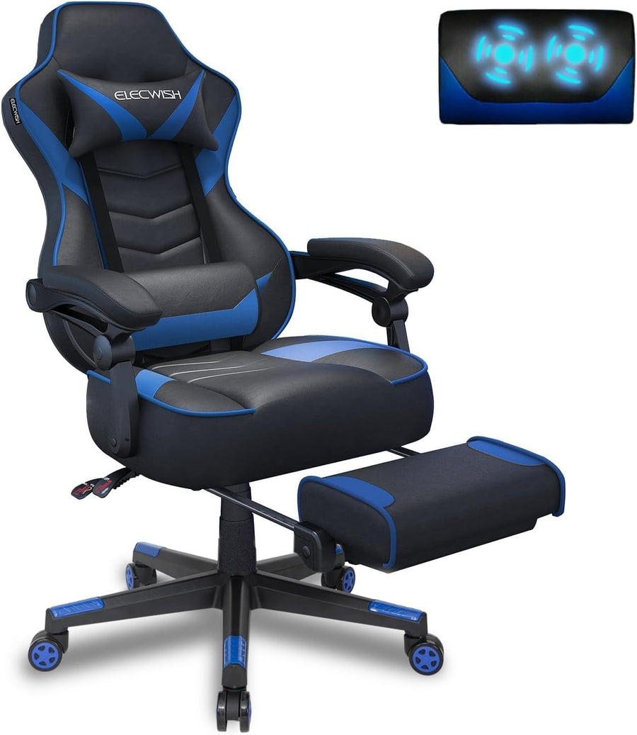 Reclining Gaming Chair Blue w/ Footrest & Massage Lumbar