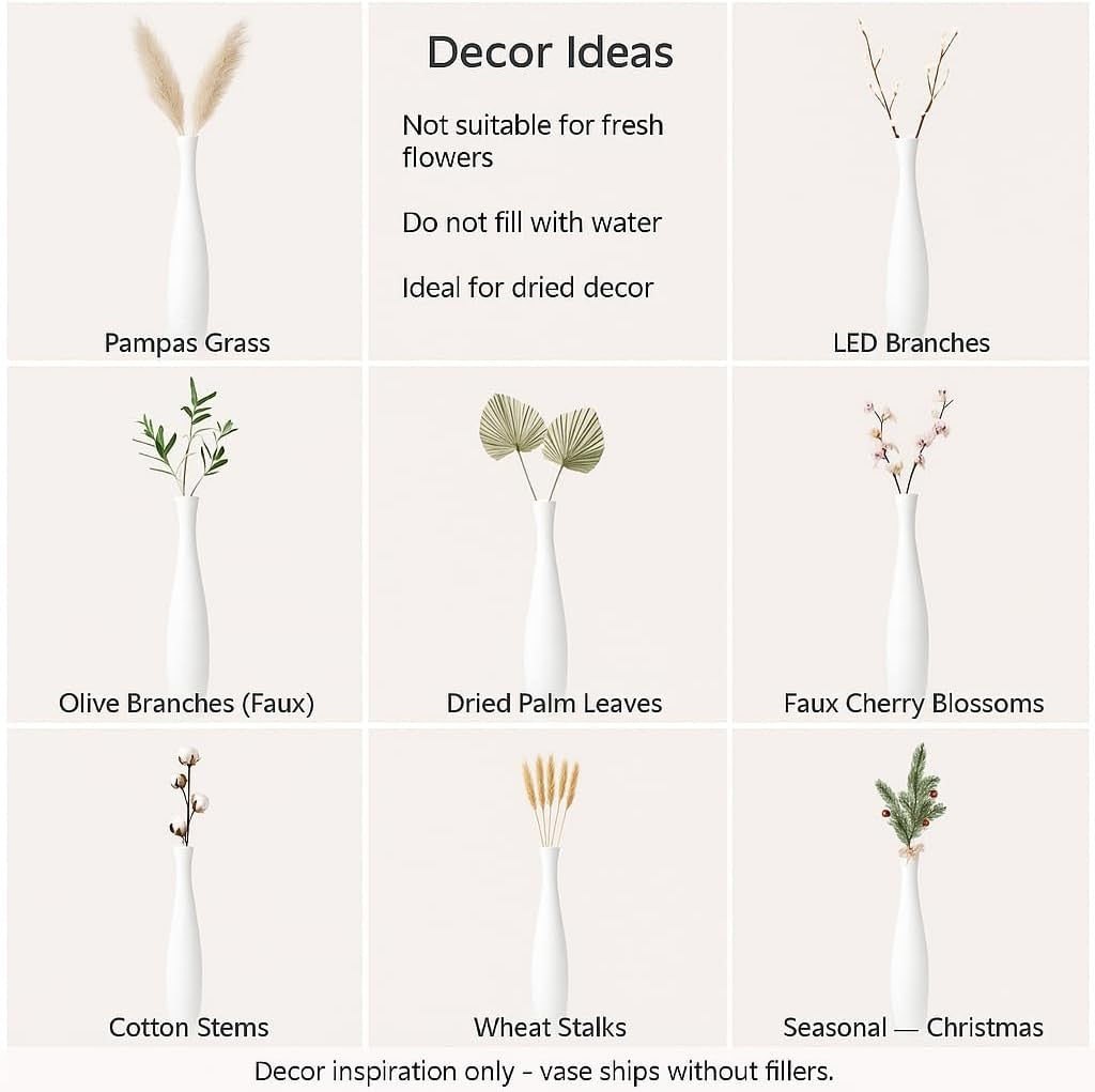 Large White Curved Floor Vase 65cm Tall Wooden Decor for Pampas Grass