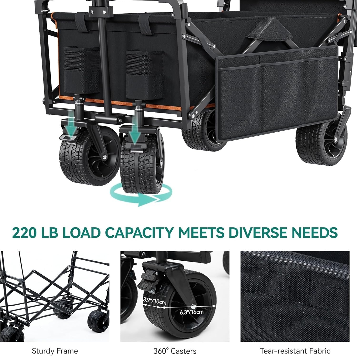 Black Folding Beach Wagon Cart w/ Canopy Oversized Wheels Push Pull 220lbs
