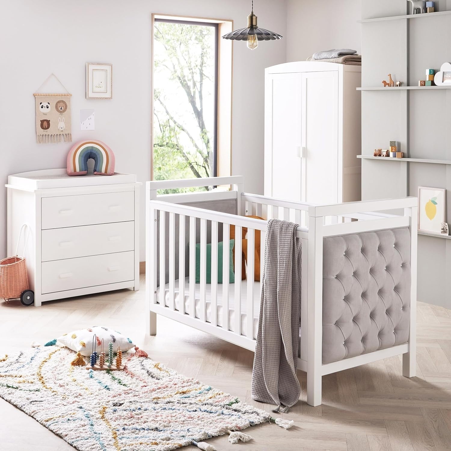 Luxury 3pc Nursery Furniture Set Cot Bed Wardrobe Chest Drawers White Modern