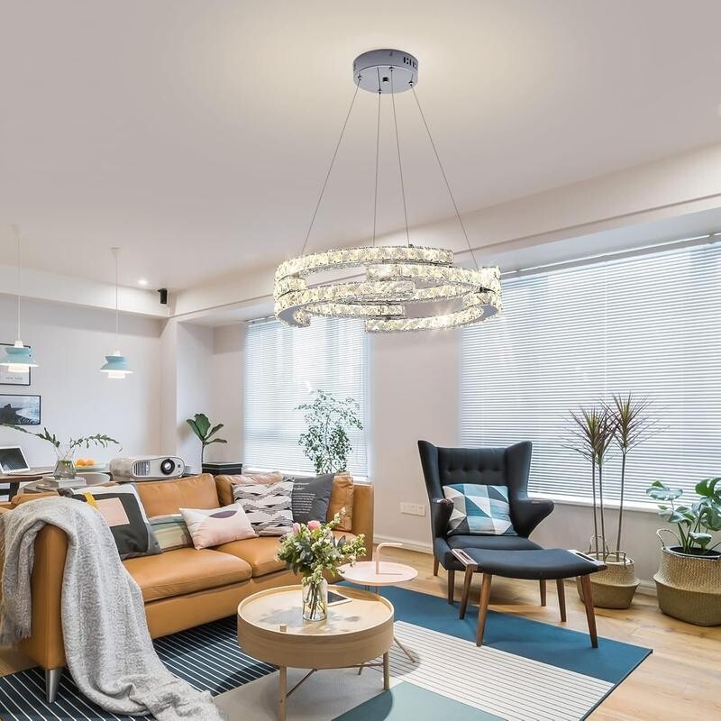 Modern LED Crystal Chandelier 3 Ring Pendant Light Dimmable 48W