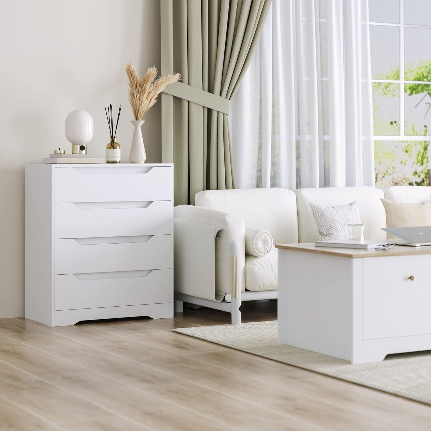 White Modern 4-Drawer Chest Storage Cabinet for Bedroom, Living Room