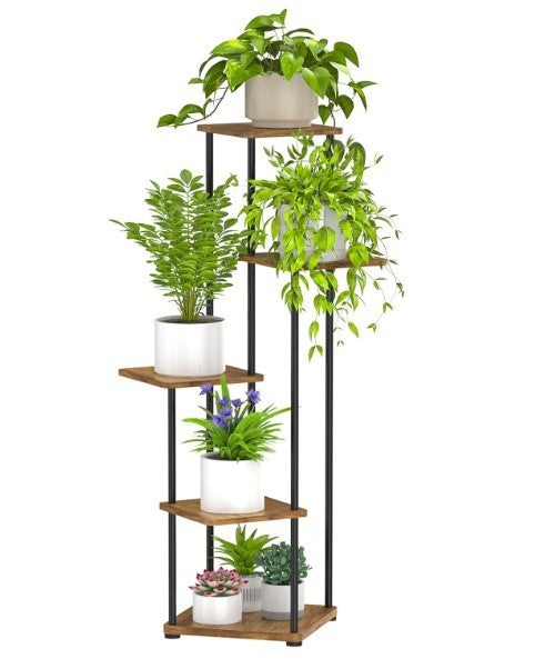 5 Tier Tall Metal & Wood Plant Stand Indoor Outdoor Multi-Shelf Flower Rack