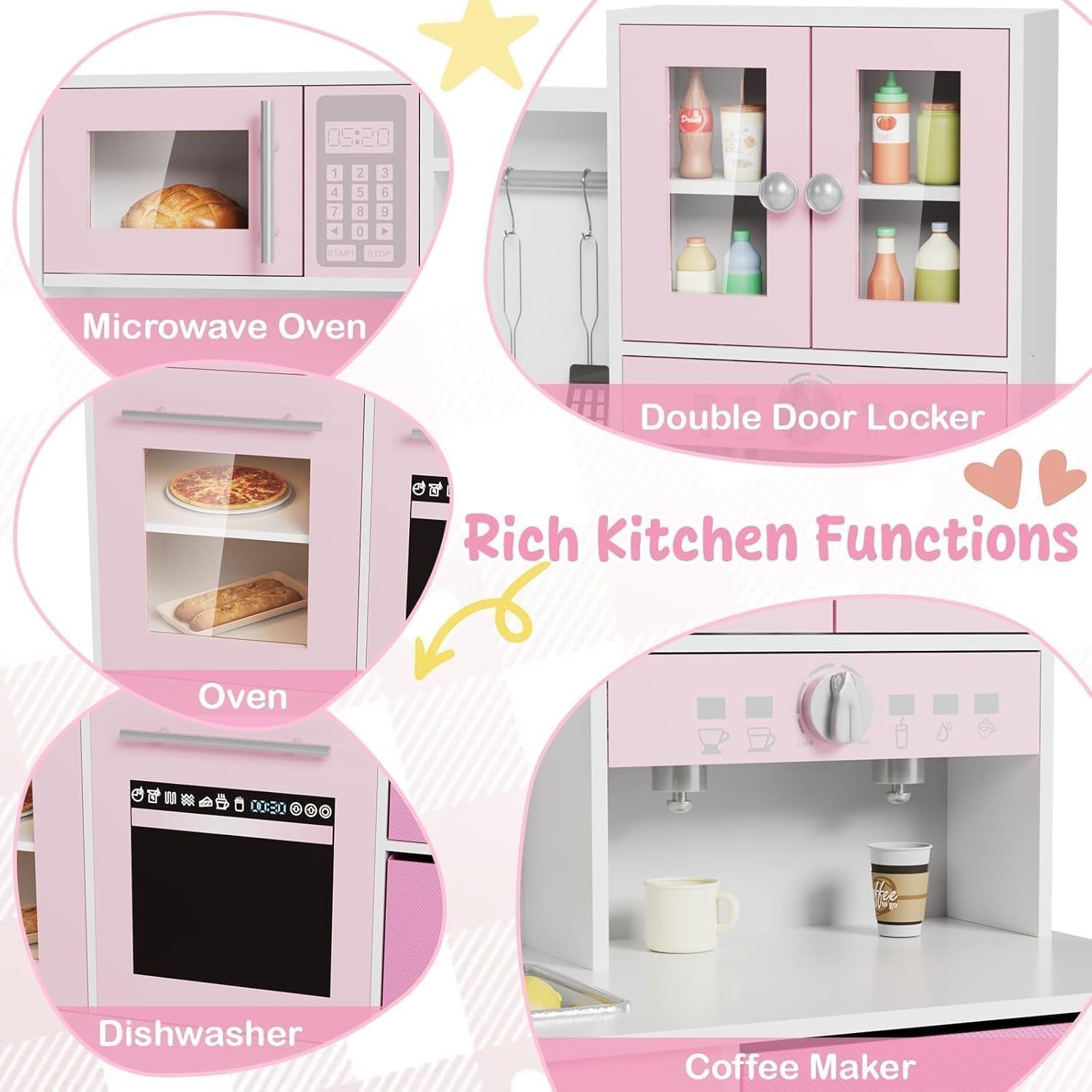 Kids Wooden Play Kitchen Set w/ Lights Sounds Microwave Sink Pink