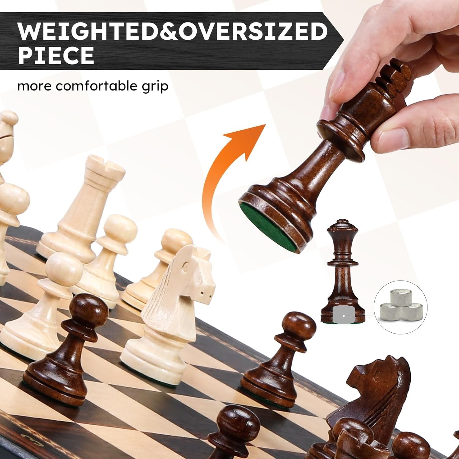 Large 19" Wooden Chess Set Foldable Board Weighted Pieces Extra Queens Classic